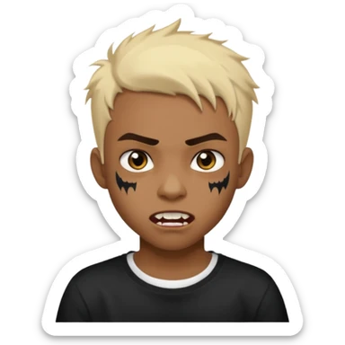 Black Male Teenager with Short punk messy blonde hair, Dark brown bushy eyebrows large expressive golden-brown eyes, wearing a plain white t-shirt, Dark Brown skin color. vampire tooth sticker