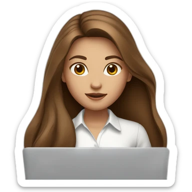 girl with brown long hair in white shirt with macbook sticker