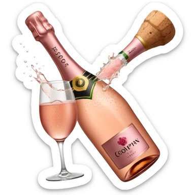bottle of sparkling rosé champagne with a rose logo on the label, with the cork popping out, tilted up and to the left, no glass sticker