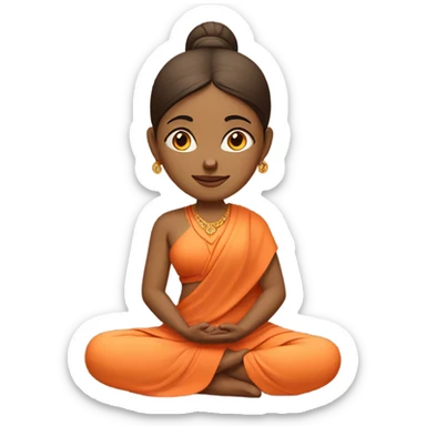 Indian female yogi with meditative expression.  sitting in a lotus position. She wears a sleeveless pastel-colored shirt paired with a flowing orange robe, symbolizing traditional yogic attire. A small red bindi adorns her forehead sticker