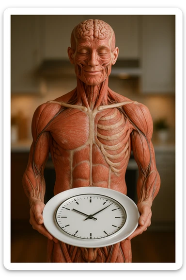 corpo umano anatomico, che tiene in mano un piatto bianco con la lancette di un orologio sopra, figura visibile fino ai fianchi, espressione del volto soddisfatta, sullo sfondo la sua cucina sfocata, iperrealistico 4k sticker