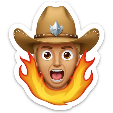 angry country music guy screaming wearing a cowboy hat mixed a heavy metal guy with flames coming out the back sticker