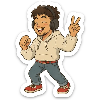 1 male, mid fade haircut dark chestnut brown curly hair, toasted lightskin, white hoodie sleeves up, fashion jeans, red fashion-sneakers shoes, red belt, short trimmed beard and goatee,  style of deku from "my hero academia", headphones on jammin', twtich emote sticker