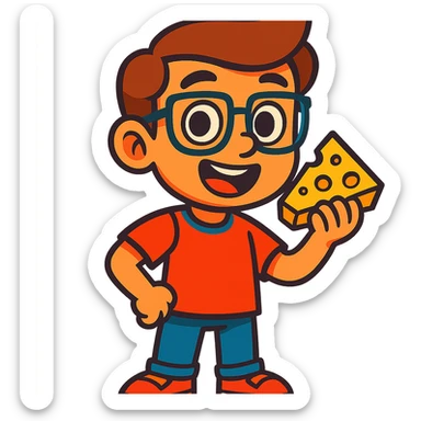 cartoon boy with brown hair, brown eyes, glasses, holding a piece of cheese, vibrant toon style sticker