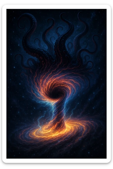 A wormhole in space resembling a swirling cosmic tornado, with glowing energy and elder god tentacles emerging from the hole at the top, dramatic and otherworldly, starry background sticker