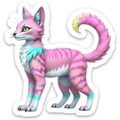 Realistic Colorful pale light fruity pastel white glorious iridescent exotic albino neon vibrant zigzagged fantasy-caracal-civet-genet-sergal-vernid-Gryphon-Cacomistle-Trico-oncilla-animal-Fakémon-hybrid-fursona (full body), facial markings, (realism style) sticker