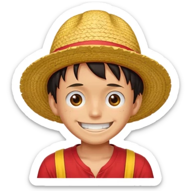 Luffy with a big smile and red shirt with yellow and red straw hat sticker
