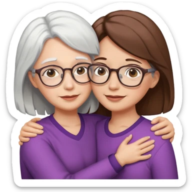 Abrazo de Madre con pelo blanco y gafas y hija con pelo morena sticker