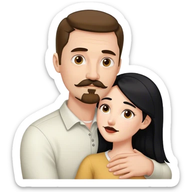 Tall white man with brown mustache and goatee hugging a short pale woman with long black hair sticker