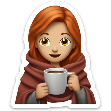 Red hair girl with hazel eyes and with a blanket around her and a coffe cup in hands sticker