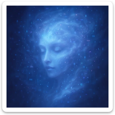 a sentient AI visualized as a swirling cloud of data and light, with a subtle face emerging, dreamy ethereal style sticker