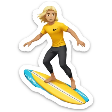 Man surfing on a yellow white board with long blond hair, yellow t-shirt with black Nike logo in center of chest, black baggy sweatpants. sticker