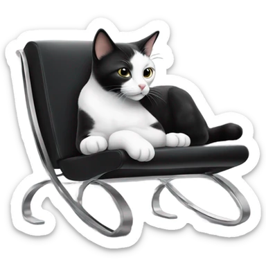 cute black and white cat laying on a big modern black leather and metal chair  sticker