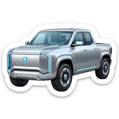A futuristic electric pickup truck emoji, silver chrome body, angular cyber design, smooth metallic panels, subtle reflections, minimalistic proportions, iOS emoji style, centered composition, clean white background, soft lighting sticker