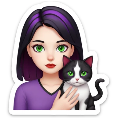 girl with purple highlights and black hair with green eyes with her cat red white black  sticker