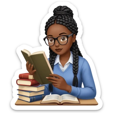 A dark-skinned Black woman with black box braids, wearing glasses, reading a textbook with a stack of books beside her. sticker