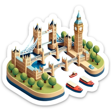 Isometric illustration of London with Tower Bridge over a small river section, toy-style boats, Big Ben peeking in background, vibrant yet muted colors, in miniature diorama style. sticker