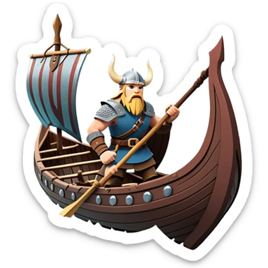 clash-of-clans-aesthetic_-cinematic-viking-longboat, rendered in a flat, bold vector style with minimal shading, featuring a striking dragon-headed prow slicing through icy, churning waters. shields on the side and vikings rowing The longboat’s intricately detailed shields and carved motifs evoke a sense of epic adventure and Nordic might, with billowing sails catching a dramatic, stormy sky backdrop. sticker