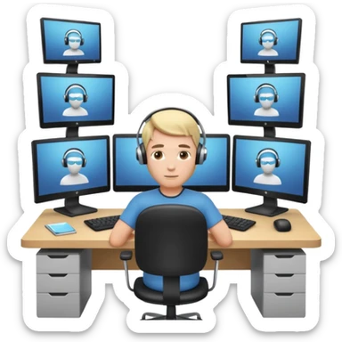 A stylized 3D avatar icon of a developer sitting at a desk, surrounded by three curved monitors floating around them. The screens show browser tabs, documentation, and code. sticker