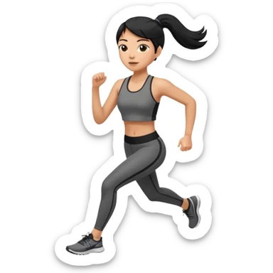 side view of a slightly caramel tan colored woman with straight black hair in a mid-high ponytail, jogging sticker