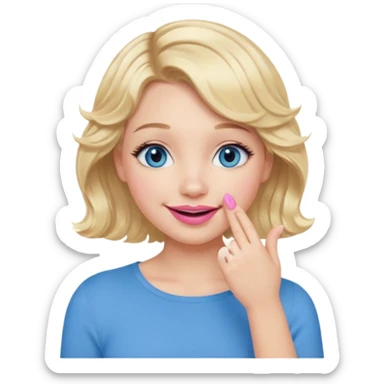 Girl Blonde short wavy hair,  blue eyes, cute blue top, long lashes, pink lips, smiling, hand covering the mouth sticker
