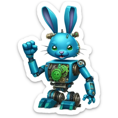 The blue and green robot rabbit with detailed gears and mechanical parts visible, with a raised fist showcasing its strength. sticker