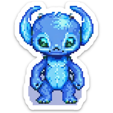 Stitch, the blue alien from Lilo & Stitch, in a playful pose, pixel art style sticker