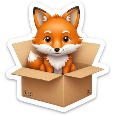 Cute fox sitting in a cardboard box with playful expression, kids toy aesthetic sticker