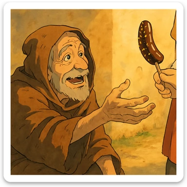 ghibli style illustration of a beggar reaching for a chocobanana, warm and expressive sticker