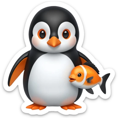 A cute penguin doll holding an orange fish doll in its hands.
A house of ice behind it. sticker