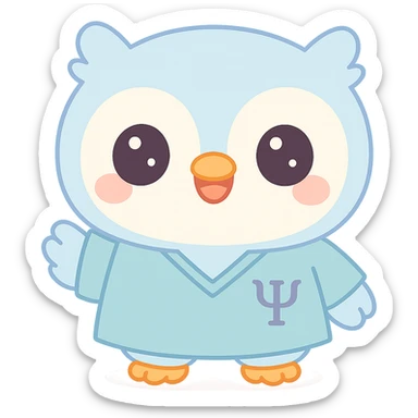 Make the baby owl wearing a bluish psychology scrub look more commercial and attractive to attract clients: add a big smile, bright and expressive eyes, friendly posture, and welcoming gesture, in a kawaii style, transparent background. sticker