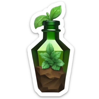 symbolic dirt humus in a bottle sculpture symbolizing Capricorn with a geometric, faceted design. The bottle is standing upright with angular and baroque features. The vibrant deep green plants colors highlights the sharp edges and planes.  sticker