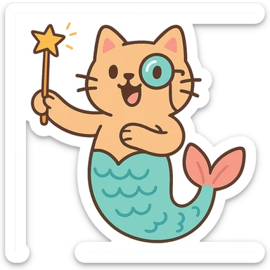 half cat half mermaid with a monocle and a magic wand in pastel toon style sticker