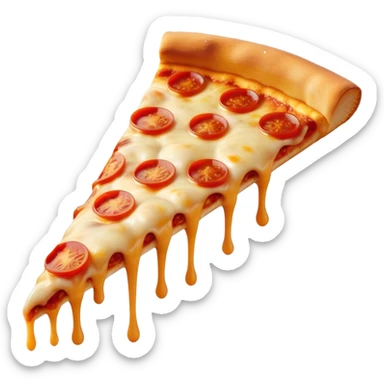 Cinematic cheesy pizza slice, gooey melted cheese stretching as a bite is taken, crispy golden crust, rich tomato sauce, vibrant toppings, warm glowing background, inviting and delicious. sticker