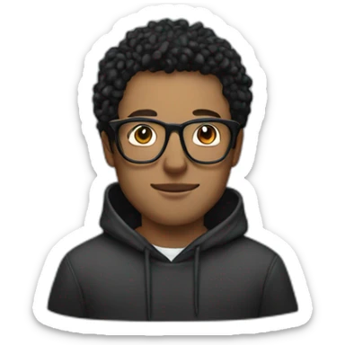 White Man with black carly hair wearing glasses and hoodie sit Infront of laptop sticker