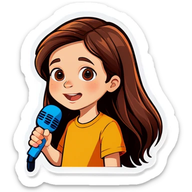 Boy with long brown hair, down Syndrom and microphone sticker