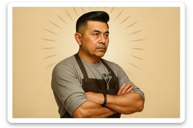 shu pozada turgan faqat o'ng tarafga qarab turgan sartarosh ustani tasvirlab ber realistik uslubda yoshi kattaroq soqol shart emas va uzbekistonlik erkak soch turmagi ham boshqacharoq bo'laversin sticker