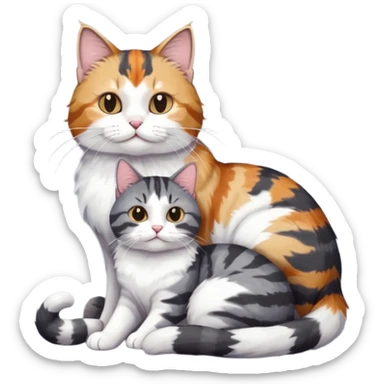 full body colourful light patched calico + white tabby cat cuddling a bigger cat that is dark grey and white tabby cat  sticker