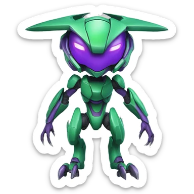 a purple-green Genesect-Raptor-Fakémon—hybrid with a futuristic visor-helmet full body sticker