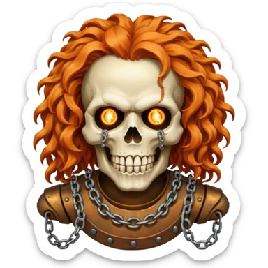 cinematic realistic steampunk Megadeth iconic skull mascot with a rusty chain in his teeth, huge curly orange hair sticker