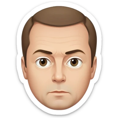 Dmitry Medvedev, round face, smooth finish, simplified but iconic facial traits including distinctive hair, eyebrows, eyes, mouth, serious expression, clean background sticker