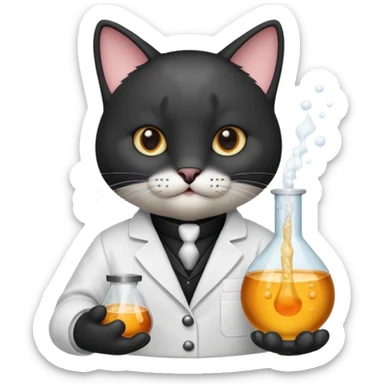 Sleek cat wearing a white coat, paw on a bubbling flask. sticker