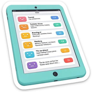 Create an emoji representing fanfiction writing. The design should feature a digital device tablet with visible text, symbolizing the creative process of writing fanfiction. Add a subtle reference to popular fictional characters or universes to indicate the fan aspect. Use a playful, imaginative color palette, blending vibrant tones with soft neutrals. Do not include any emojis or smiley faces. Make the background transparent. sticker