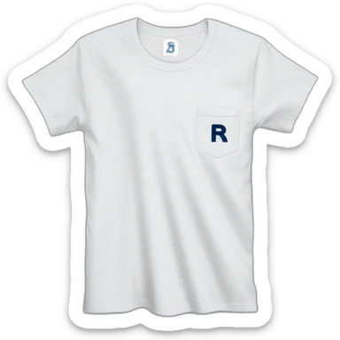 white tshirt with navy letter r on breast pocket sticker