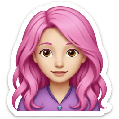 A light-skinned woman with long pink hair styled, brown eyes, and a gentle smile. sticker