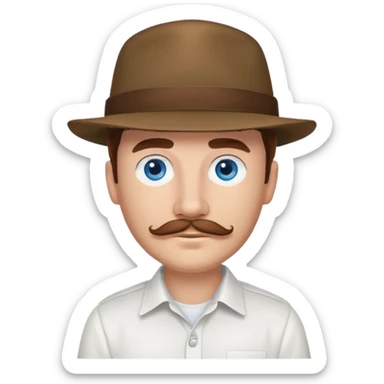 Justin Jeffre blue eyes, brown hair and mustache, white shirt and hat sticker