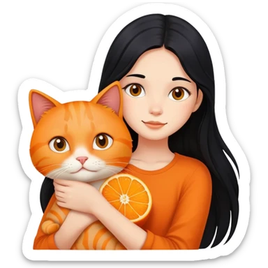 girl with long black hair holding an orange cat sticker
