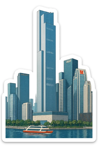 Изометричная, яркая, детализированная, объемная и фотореалистичная иллюстрация башни Guangzhou CTF Finance Centre. В стиле 3D-коллажей городов, насыщенные цвета, аккуратные и чёткие линии, мультяшно-реалистичная стилистика. Чёткие контуры, не размазанные линии, высокое качество, прозрачный фон, не обрезать края картинки sticker