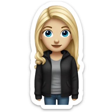 a woman with freckles and blue eyes, light skin, blonde hair and dark roots. black clothes sticker