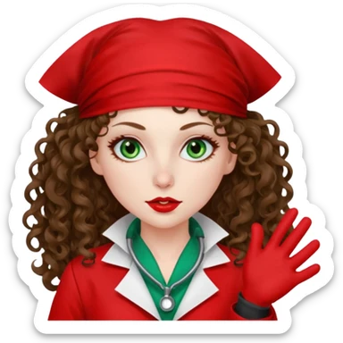 Spanish sexy evil woman. She has green eyes.  had brown long curly hair.  evil surgeon kills with needle wears red sexy doctor coat with red bandana on her mouth and nose to hide and wearing red gloves.  sticker